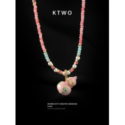 新中式琺瑯滴釉粉葫蘆珍珠毛衫長項鍊女小衆高級天然石串珠毛衣鏈