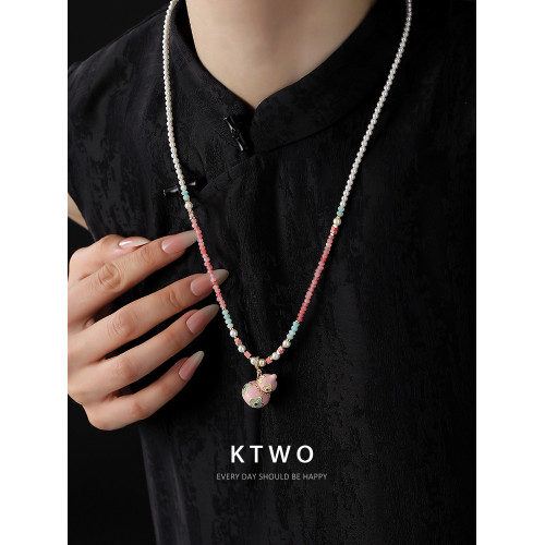 新中式琺瑯滴釉粉葫蘆珍珠毛衫長項鍊女小衆高級天然石串珠毛衣鏈