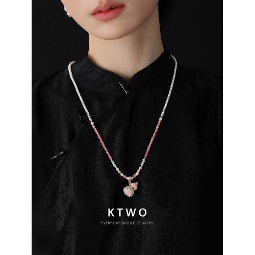 新中式琺瑯滴釉粉葫蘆珍珠毛衫長項鍊女小衆高級天然石串珠毛衣鏈