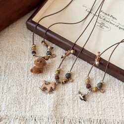 復古木質小馬星球串珠吊墜項鍊女輕奢小衆精緻毛衣鏈冬日氣質配飾