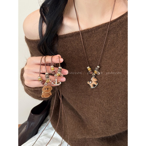 復古木質小馬星球串珠吊墜項鍊女輕奢小衆精緻毛衣鏈冬日氣質配飾