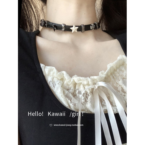 黑白五角星拼接皮革項圈y2k亞文化甜酷辣妹choker高級感頸鏈項鍊 黑白五角星拼接皮革項圈y2k亞文化甜酷辣妹choker高級感頸鏈項鍊