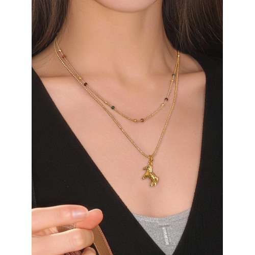 雙層曡戴長款本命年金色小馬項鍊女輕奢高級感鎖骨毛衣鏈吊墜配飾