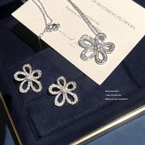 【喬老板Joy】滿鑽大花朵項鍊銀色花瓣耳環鎖骨套裝高級輕奢閃潮