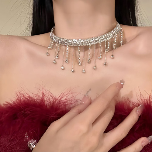 野心家原創【靜奢貴女】千金感閃鋯流蘇項鍊晚宴禮服鎖骨鍊choker