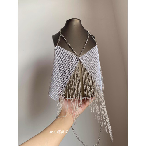 歐美誇張閃鑽漁網掛脖金屬流蘇鏈條項鍊女辣妹性感時尚身體鏈配飾 歐美誇張閃鑽漁網掛脖金屬流蘇鏈條項鍊女辣妹性感時尚身體鏈配飾