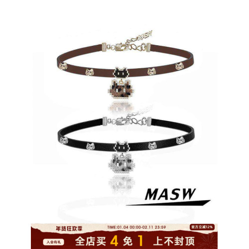 MASW麻秀原創設計甜酷皮革像素卡通小貓項鍊小衆輕奢choker鎖骨鍊