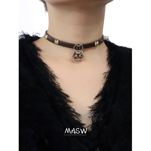 MASW麻秀原創設計甜酷皮革像素卡通小貓項鍊小衆輕奢choker鎖骨鍊