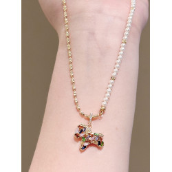 彩色水晶鋯小馬吊墜珍珠項鍊配飾女秋冬毛衣鏈輕奢高級感頸鏈飾品