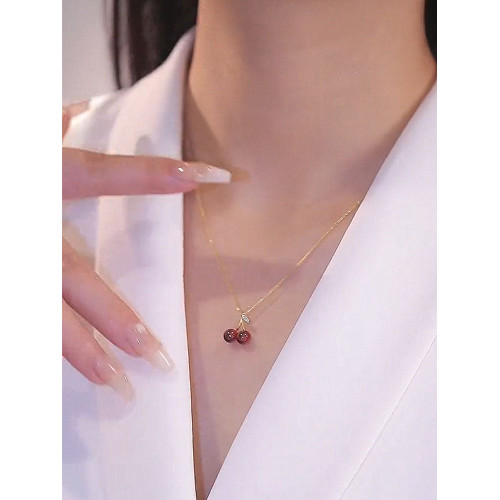 日韓高級感紅色吊墜櫻桃項鍊女夏輕奢小衆設計鎖骨鍊氣質精緻頸鏈