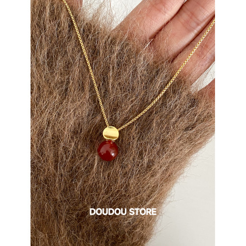 DOUDOUSTORE 高保色長版80cm新年天然紅瑪瑙幾何圓形項鍊毛衣鏈女