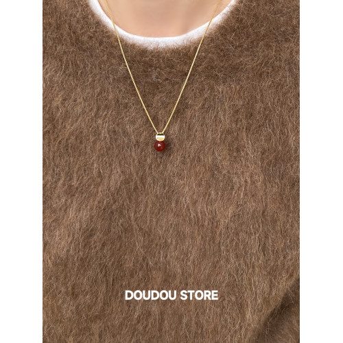 DOUDOUSTORE 高保色長版80cm新年天然紅瑪瑙幾何圓形項鍊毛衣鏈女