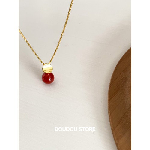 DOUDOUSTORE 高保色長版80cm新年天然紅瑪瑙幾何圓形項鍊毛衣鏈女