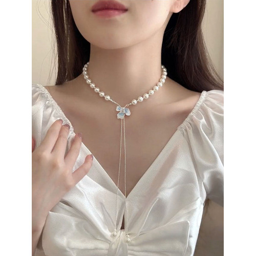 珍珠白色項鍊頸鏈女蝴蝶設計款抽拉式項鍊女一款多戴2025年新款潮