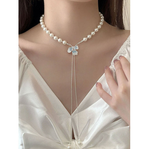 珍珠白色項鍊頸鏈女蝴蝶設計款抽拉式項鍊女一款多戴2025年新款潮