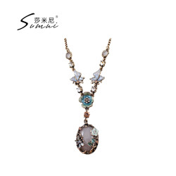 sumni/復古田園風琺瑯滴釉蝴蝶花卉中古粉綠石毛衣鏈女項鍊春夏
