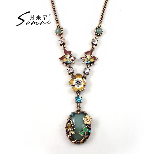 sumni/復古田園風琺瑯滴釉蝴蝶花卉中古粉綠石毛衣鏈女項鍊春夏