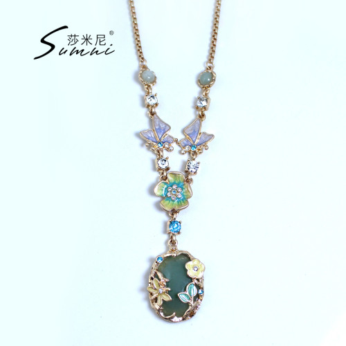 sumni/復古田園風琺瑯滴釉蝴蝶花卉中古粉綠石毛衣鏈女項鍊春夏