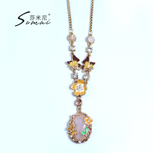 sumni/復古田園風琺瑯滴釉蝴蝶花卉中古粉綠石毛衣鏈女項鍊春夏