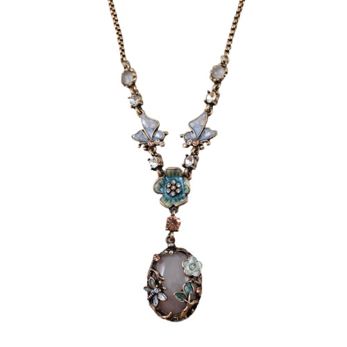 sumni/復古田園風琺瑯滴釉蝴蝶花卉中古粉綠石毛衣鏈女項鍊春夏