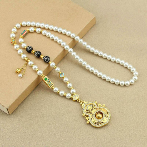新中式鑲鑽葫蘆仿珍珠項鍊可轉動吊墜高檔國風大氣長款精緻毛衣鏈