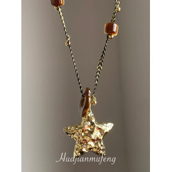 【幸運之星】復古金屬星星吊墜項鍊女美拉德風琥珀花朵串珠毛衣鏈