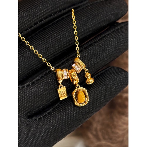 復古天然虎眼石項鍊女招財葫蘆吊墜配飾高級感輕奢小衆鎖骨毛衣鏈