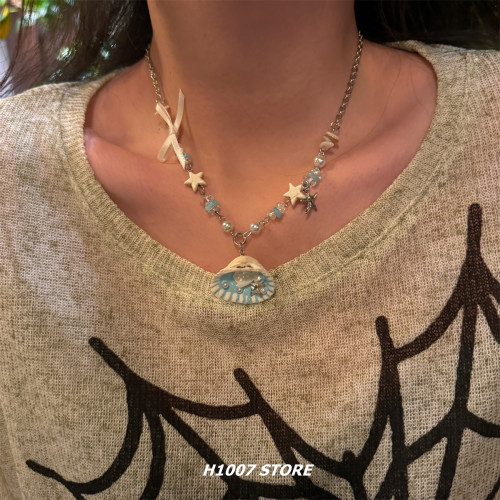 海邊度假風可愛珍珠貝殼海星串珠項鍊女ins仙女小衆男鎖骨鍊配飾