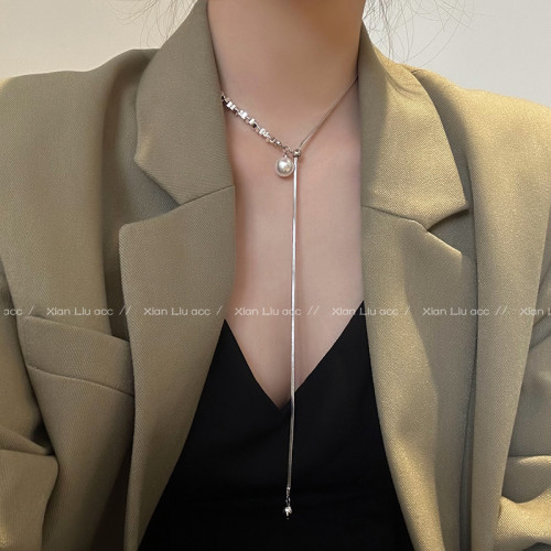 可調珍珠項鍊女毛衣鏈輕奢高級感小衆鎖骨鍊氣質流蘇長款配飾頸鏈