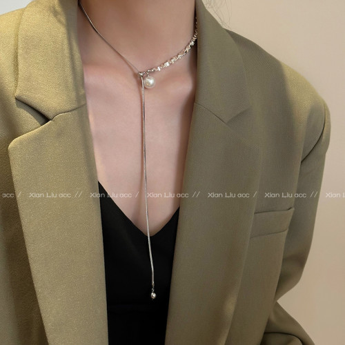 可調珍珠項鍊女毛衣鏈輕奢高級感小衆鎖骨鍊氣質流蘇長款配飾頸鏈