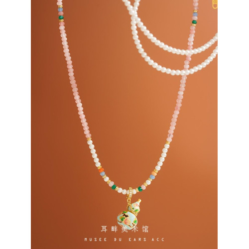 A琺瑯彩小葫蘆珍珠毛衣項鍊女長款鏈子新中式高級輕奢感配飾小衆