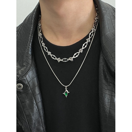 雙層綠色隕星荊棘鈦鋼項鍊男潮設計感小衆嘻哈高級感鎖骨鍊不掉色