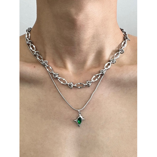 雙層綠色隕星荊棘鈦鋼項鍊男潮設計感小衆嘻哈高級感鎖骨鍊不掉色