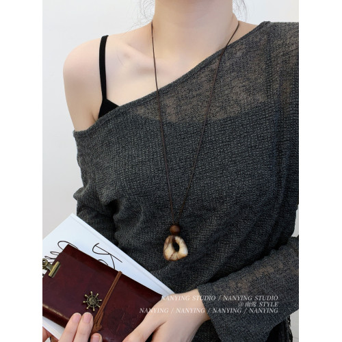 NANYING 復古民族風不規則暈染圓環項鍊長款毛衣鏈老錢風吊墜簡約