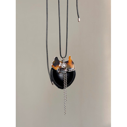 韓系ins黑色皮繩愛心項鍊女設計感小衆長款小貓吊墜毛衣鏈配飾品