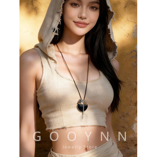 韓系ins黑色皮繩愛心項鍊女設計感小衆長款小貓吊墜毛衣鏈配飾品