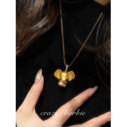 【圍兜小飛象】古法實心沙金大象吊墜項鍊女新中式輕奢毛衣鏈輕奢