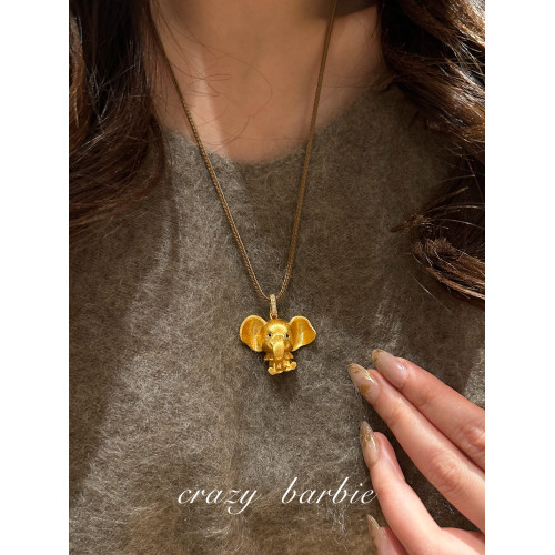 【圍兜小飛象】古法實心沙金大象吊墜項鍊女新中式輕奢毛衣鏈輕奢