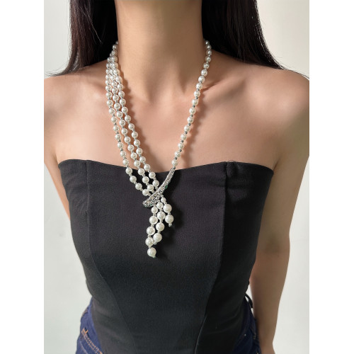 中古vintage風多層珍珠不對稱項鍊女2026年新款輕奢高級感毛衣鏈