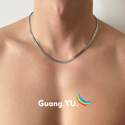 GuangYu四面方加密古巴鏈男鈦鋼項鍊嘻哈小衆簡約百搭素鏈不掉色