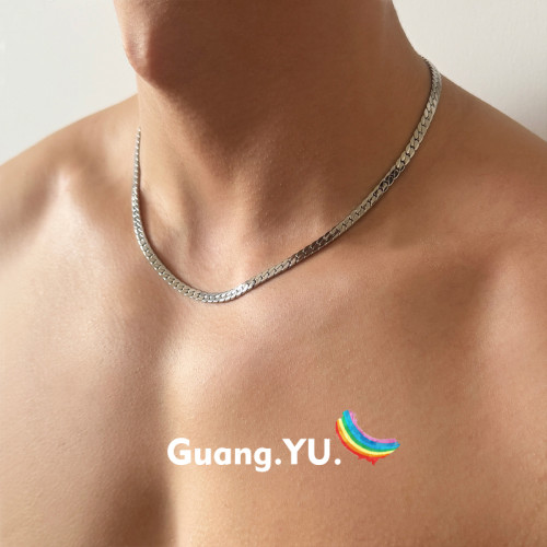 GuangYu四面方加密古巴鏈男鈦鋼項鍊嘻哈小衆簡約百搭素鏈不掉色