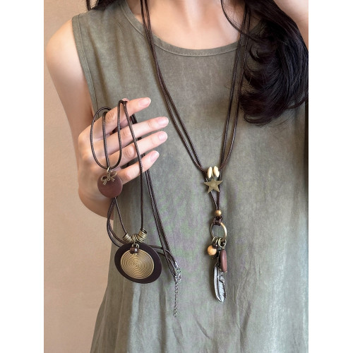 新中式復古長款羽毛項鍊女民族風高級裝飾毛衣鏈波西米亞吊墜配飾