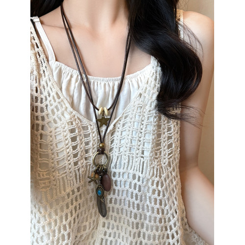 新中式復古長款羽毛項鍊女民族風高級裝飾毛衣鏈波西米亞吊墜配飾