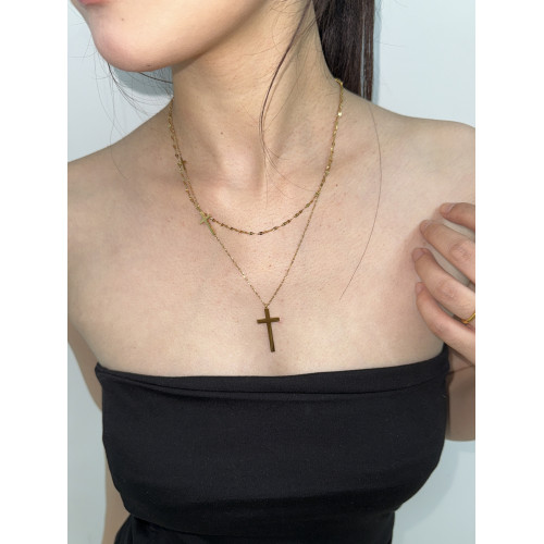 歐美風簡約百搭雙層金色十字架項鍊小衆設計感高級感鎖骨鍊頸鏈 歐美風簡約百搭雙層金色十字架項鍊小衆設計感高級感鎖骨鍊頸鏈