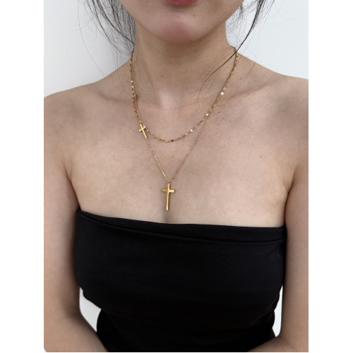 歐美風簡約百搭雙層金色十字架項鍊小衆設計感高級感鎖骨鍊頸鏈 歐美風簡約百搭雙層金色十字架項鍊小衆設計感高級感鎖骨鍊頸鏈