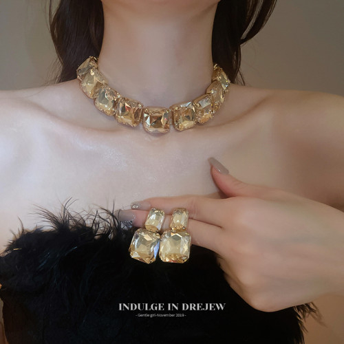 （兩件套）金色晚禮服項鍊耳環套裝輕奢小衆choker項圈誇張頸鏈子
