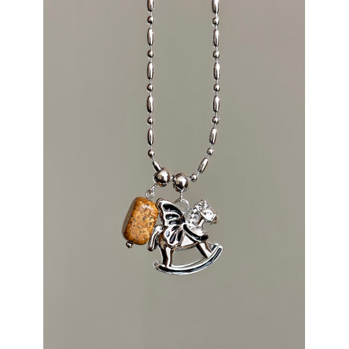 銀色生肖小木馬項鍊女款高級感輕奢小衆鎖骨毛衣鏈本命年長款配飾