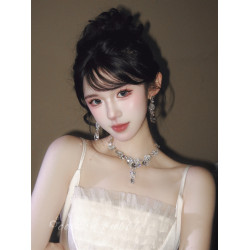 公主生日水滴項鍊耳環套裝輕奢千金晚禮服女新娘高級誇張小衆配飾