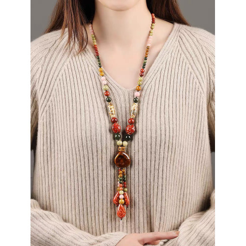 民族風高檔陶瓷毛衣鏈女長款百搭吊墜秋冬項鍊2025年新款飾品掛飾