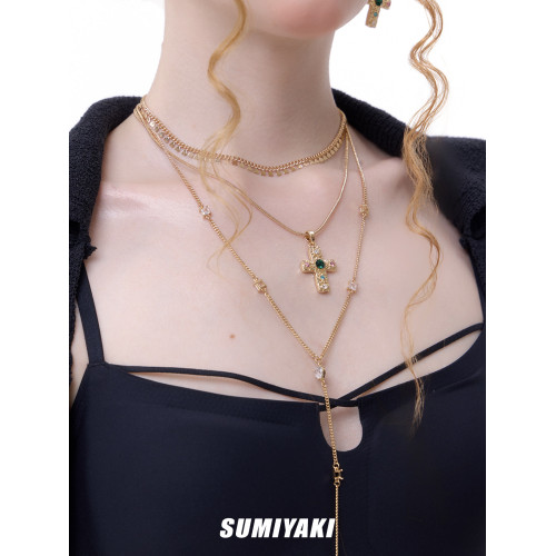 SUMIYAKI 經典美式辣妹多層十字架項鍊Vintage鎖骨鍊